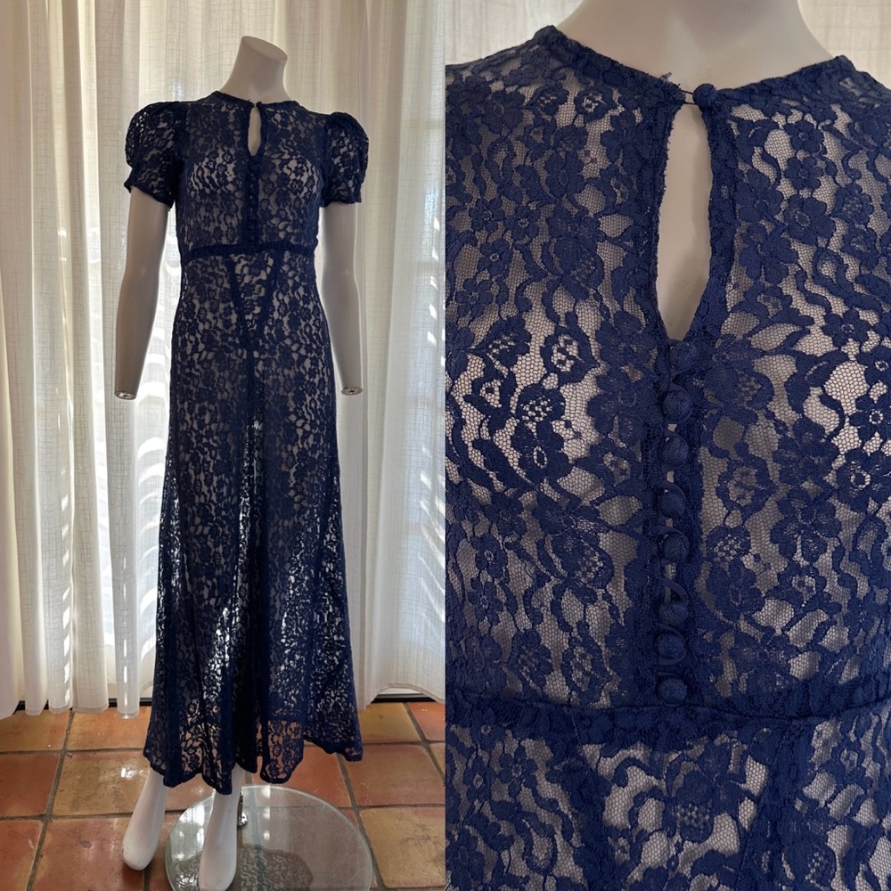 1930s 1940s Lace Puff Sleeve Keyhole Neckline Bias Dress Size Small